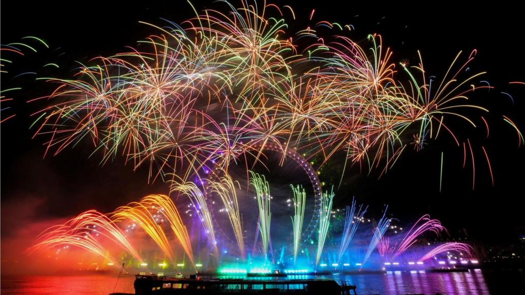 Rainbow fireworks in London