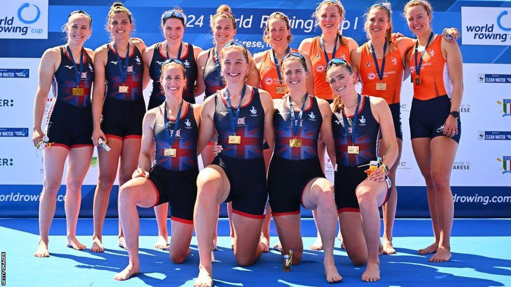 Great Britain's rowers posing with medals after a one-two in the women's four at the Rowing World Cup in Varese