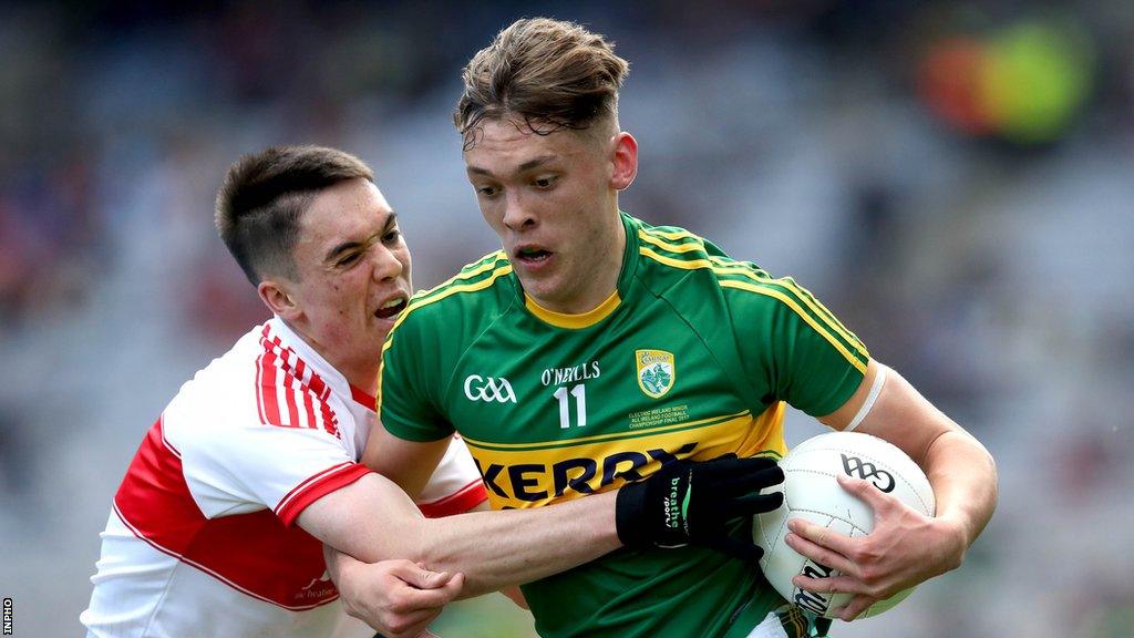 David Clifford is tackled by Conor McCluskey during the 2017 All-Ireland Minor final between Kerry and Derry