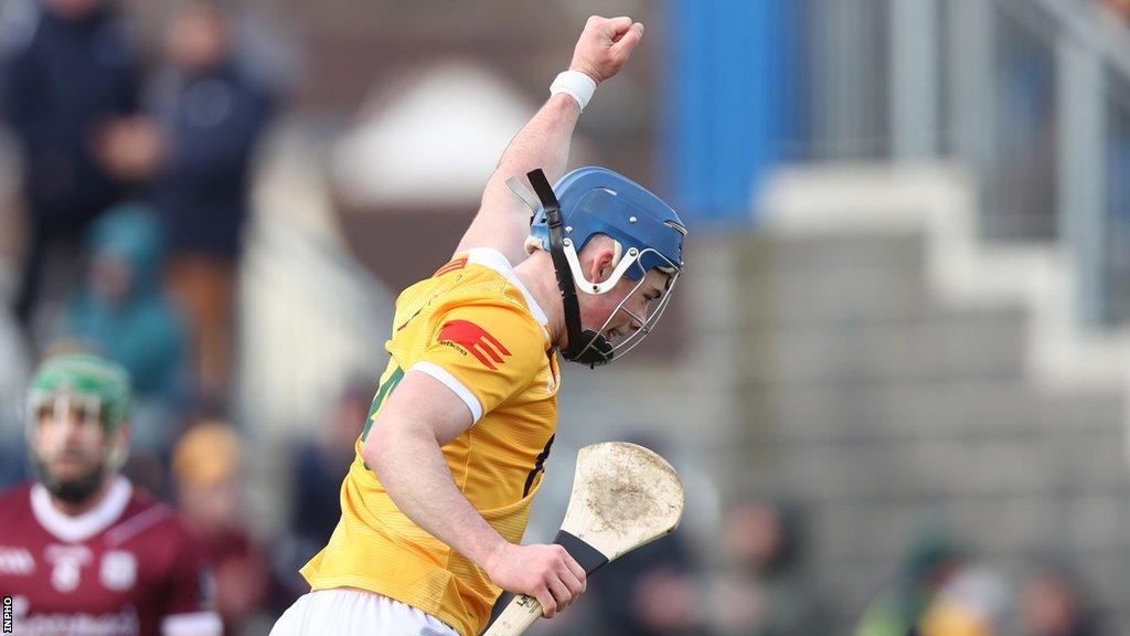 Antrim's Joseph McLaughlin pictured celebrating a goal against Galway at Corrigan Park.