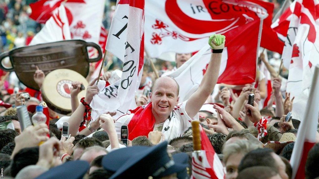 Peter Canavan is carried by Tyrone fans after the county's 2005 All-Ireland triumph at Croke Park