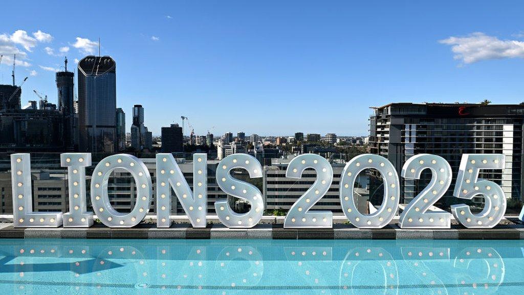 Lions 2025 sign lit up in Brisbane, Australia