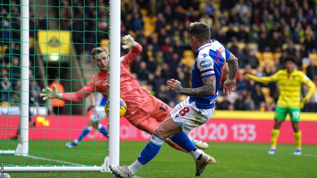 Sammie Szmodics scores Blackburn's third goal at Norwich City