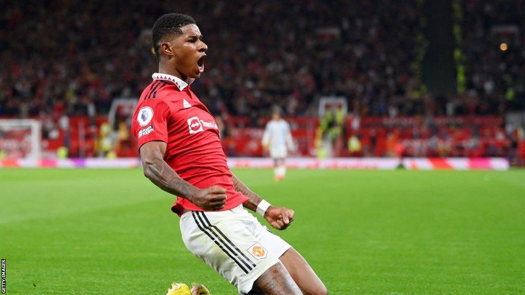 Marcus Rashford celebrates after scoring against Liverpool in 2-1 win in August 2022