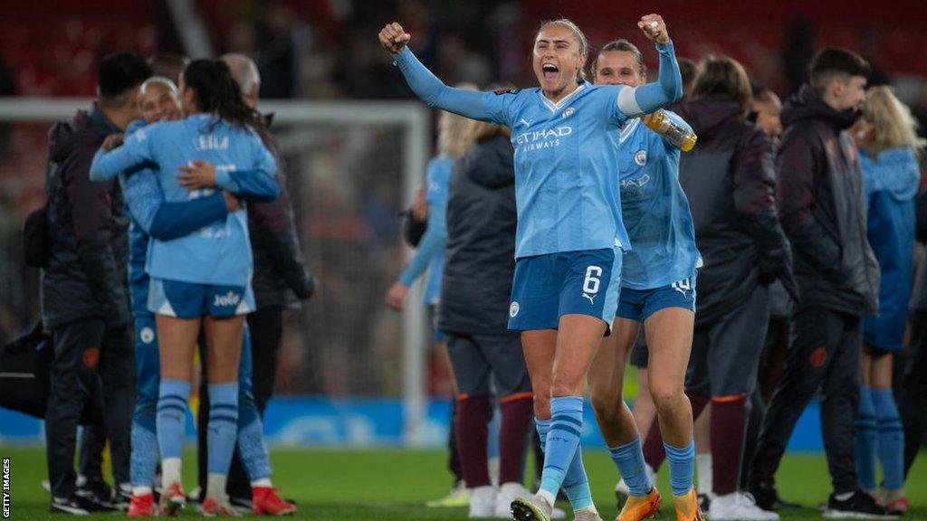 Steph Houghton celebrating at Old Trafford after victory over Manchester United in November