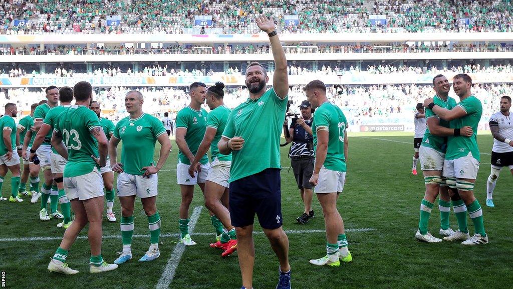 Andy Farrell waves to the crowd at full-time