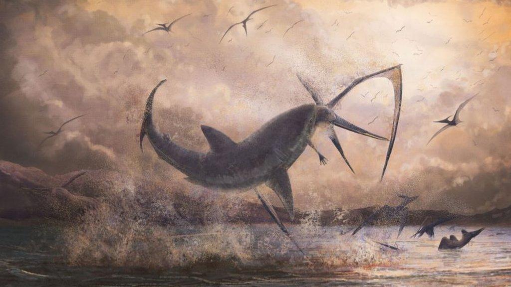 A prehistoric shark leaps from waves to take a bite out of a Pteranodon