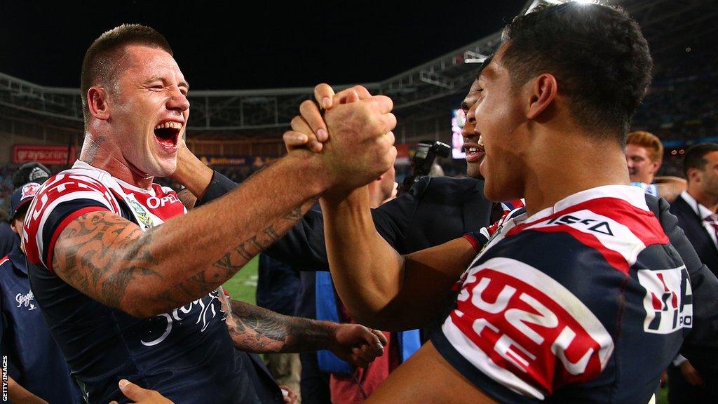 Shaun Kenny Dowall and Michael Jennings celebrate Sydney Roosters winning the 2013 NRL competition