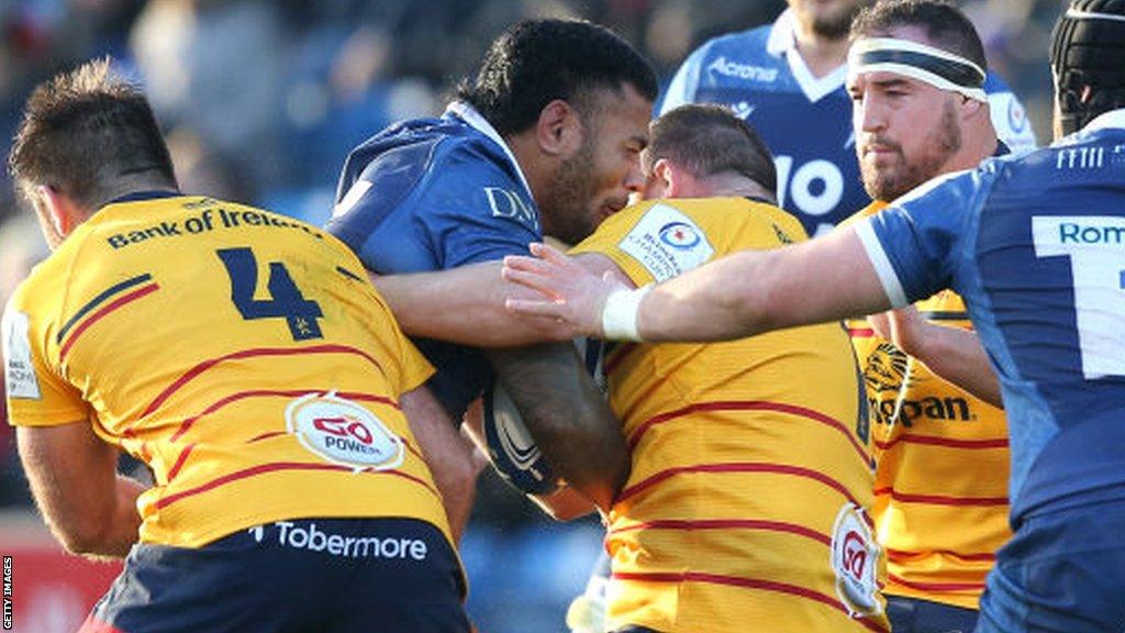 Sale's Manu Tuilagi and Ulster's Andy Warwick clash heads