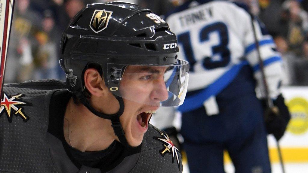 Tomas Nosek celebrates scoring for the Vegas Golden Knights against the Winnipeg Jets