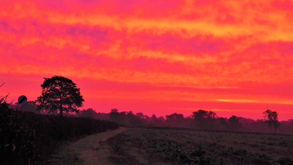 Red skies at sunrise in Great Horwood, Buckinghamshire.