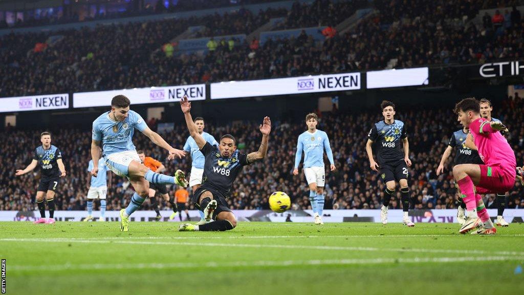 Julian Alvarez scores his first goal for Manchester City at Etihad Stadium