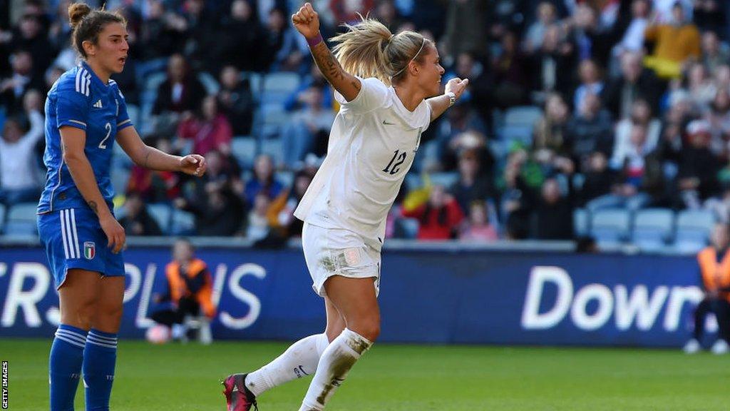 Rachel Daly celebrates scoring England's opening goal against Italy