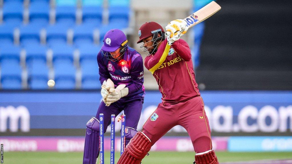 West Indies batsman Brandon King is bowled by Scotlands Mark Watt during the Australia 2022 Twenty20 World Cup cricket tournament match between West Indies and Scotland at Bellerive Oval in Hobart on October 17, 2022