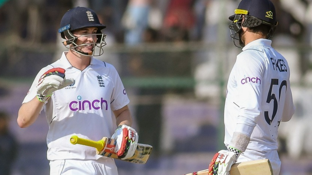 Harry Brook celebrates his century