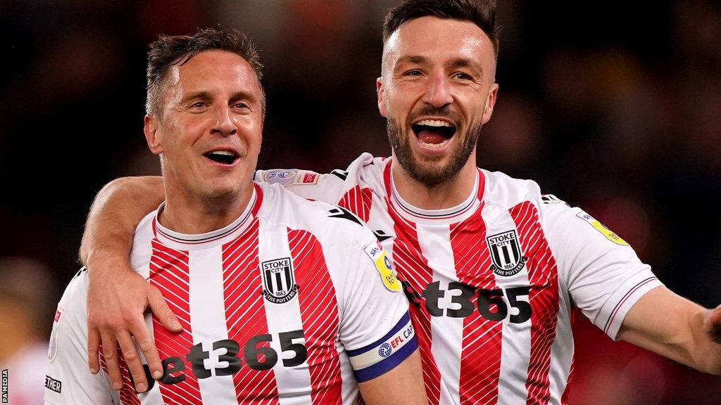 Stoke celebrate Phil Jagielka's goal against Huddersfield