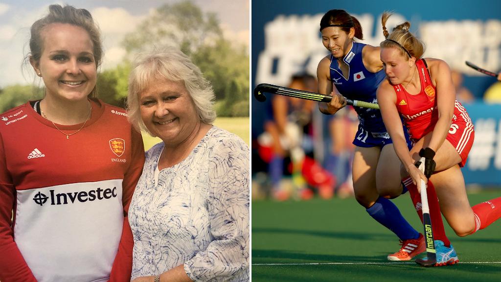 Emily Defroand with her mother Gill (left) and in action against Japan