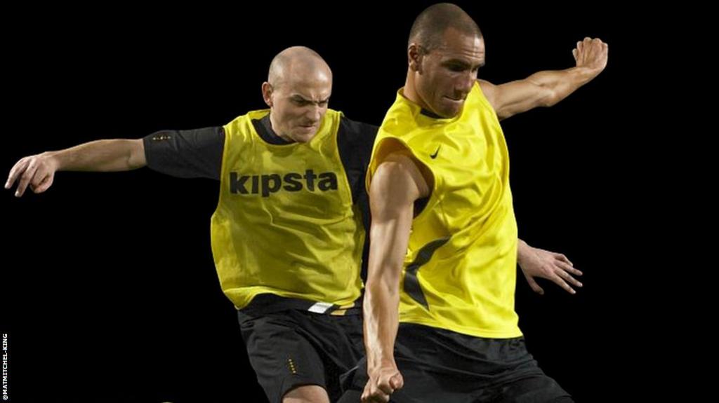 Mat Mitchel-King (right) models sportswear when he is not playing for Chesham United