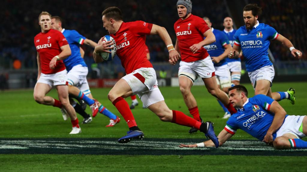 Josh Adams crosses for Wales' first try