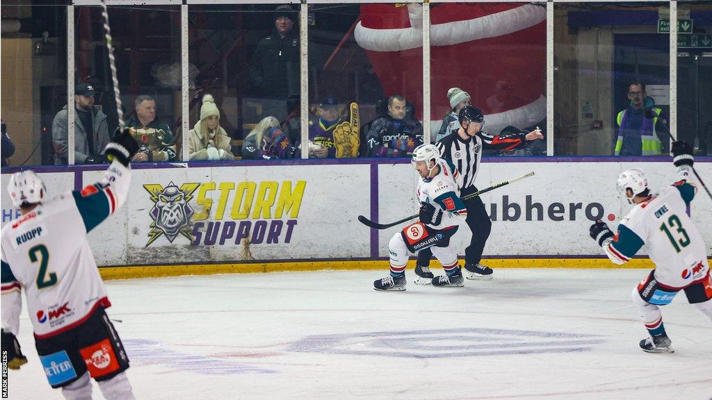 Celebration time for the Giants after scoring against Manchester