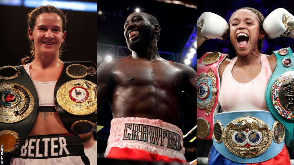 Split screen of Terri Harper with her belts, Terence Crawford celebrating and Natasha Jonas with her belts