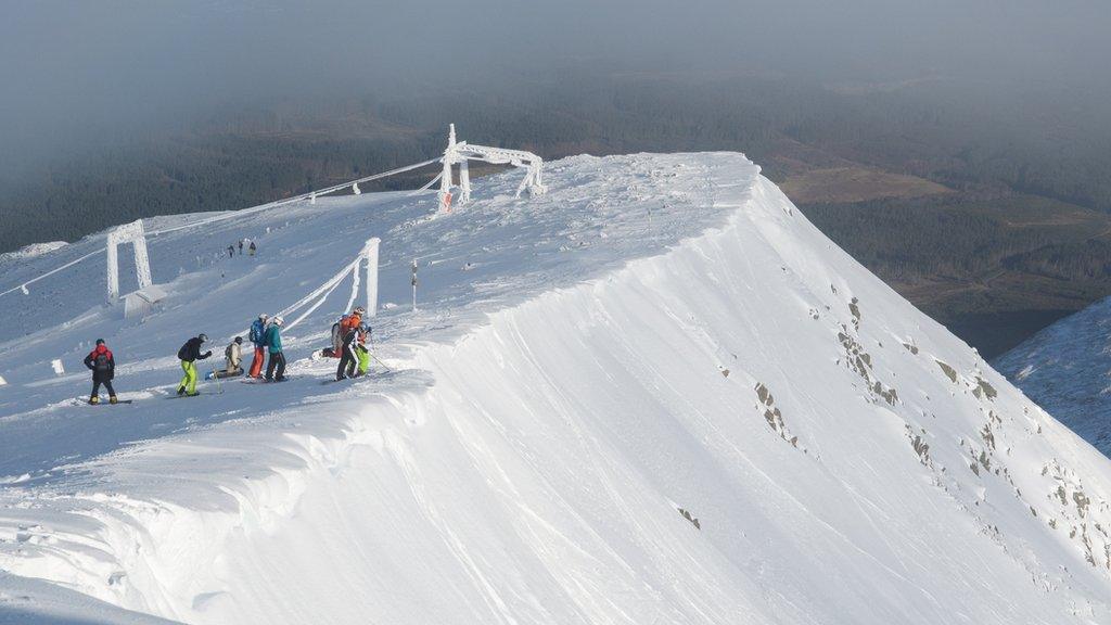 Skiers accessing conditions at the Back Corries at Nevis Range