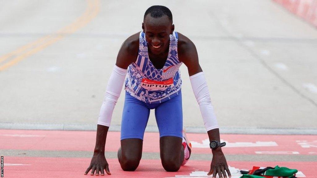 Kelvin Kiptum after setting a new marathon world record