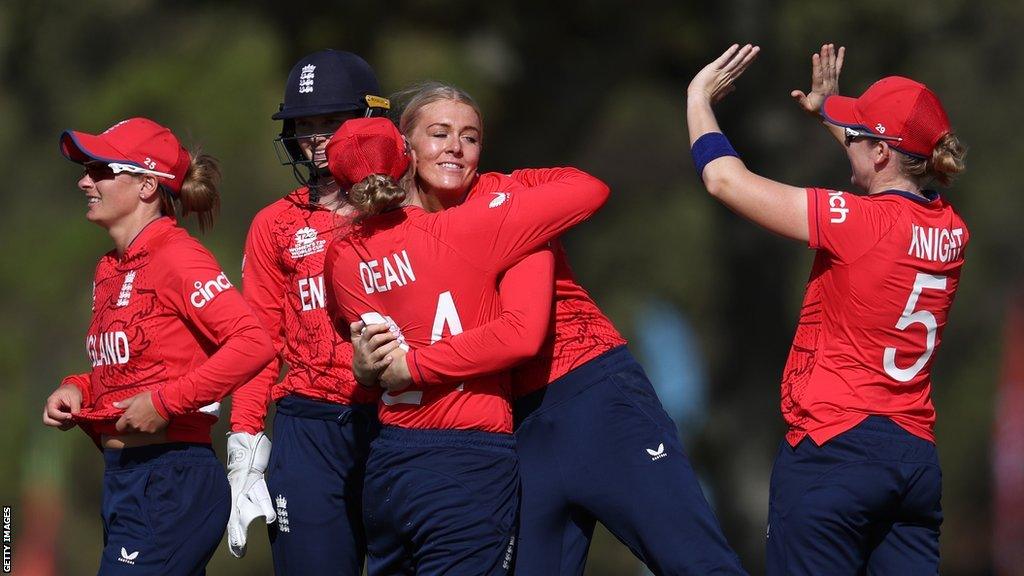 England spinner Sarah Glenn celebrates a wicket with Charlie Dean in the Women's T20 World Cup warm-up game against South Africa