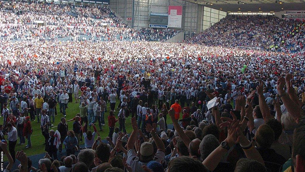 West Bromwich Albion fans invade the pitch after securing their Premier League status on the final day of the 2004/05 season