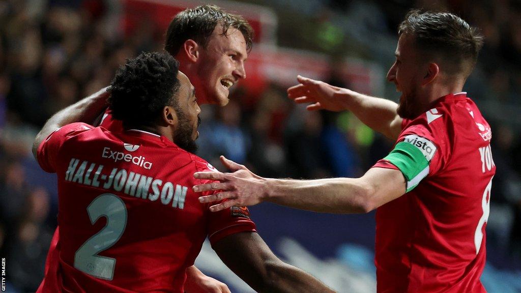 Wrexham striker Sam Dalby is congratulated after scoring in last season's 4-3 win at Coventry City in the third ronud.