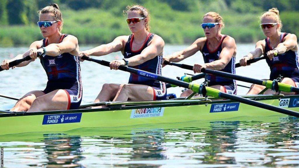 Belfast rower Rebecca Shorten (left) in action for the Great Britain women's four at this year's World Cup regatta in Varese