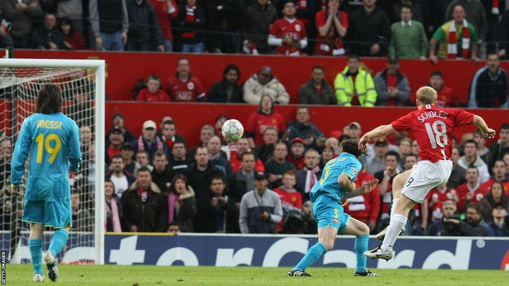 Paul Scholes scores for Manchester United against Barcelona in the Champions League semi-final second leg in April 2008