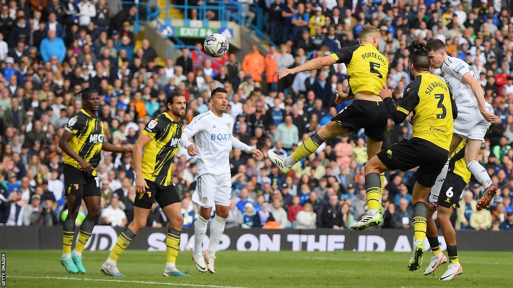 Sam Byram jumps above the Watford defence to score Leeds' second goal