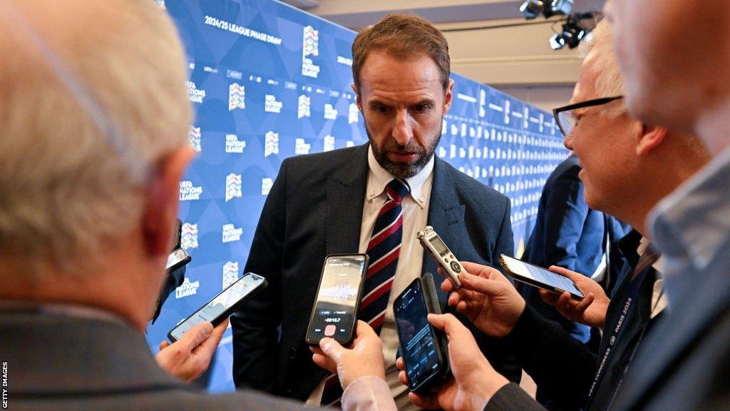 Gareth Southgate, head coach of England, speaks to the media after the Uefa Nations League 2024-25 League Phase Draw