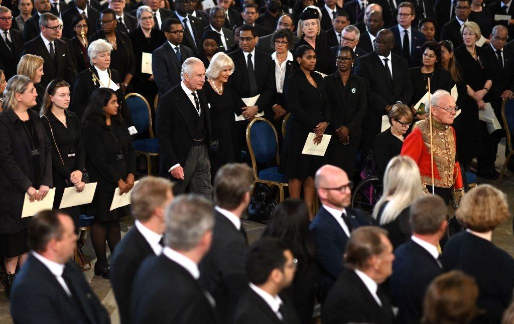 King Charles III and Britain's Camilla, Queen Consort arrive