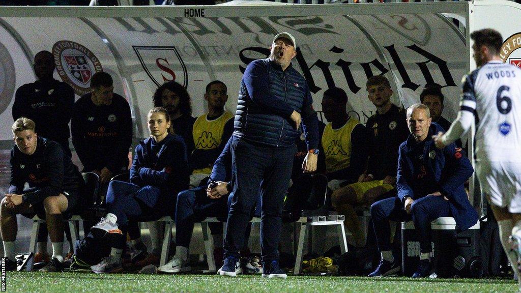 Andy Woodman and the Bromley coaching staff at Hayes Lane