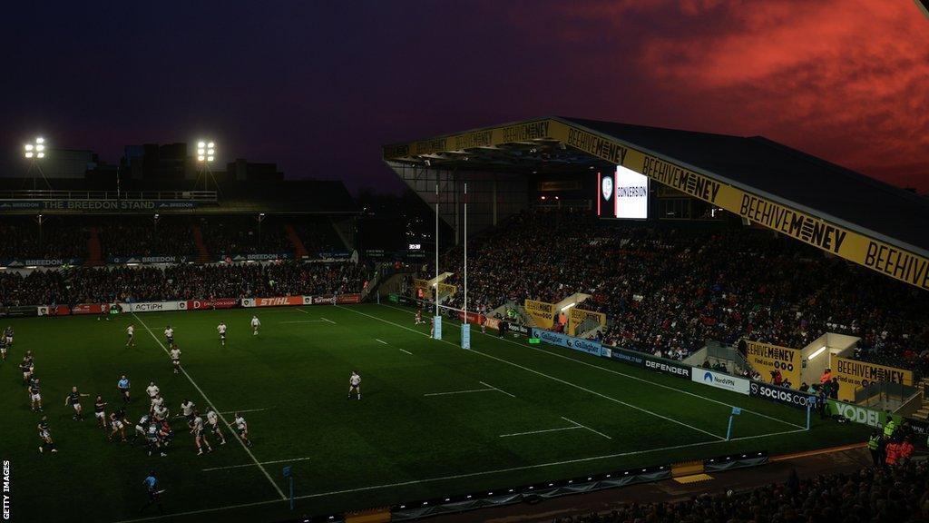 General view of action at Leicester Tigers home ground