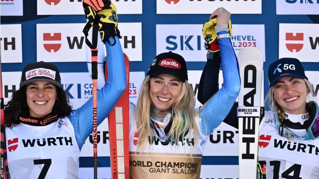 Runner-up Federica Brignone, winner Mikaela Shiffrin and third-placed Ragnhild Mowinckel