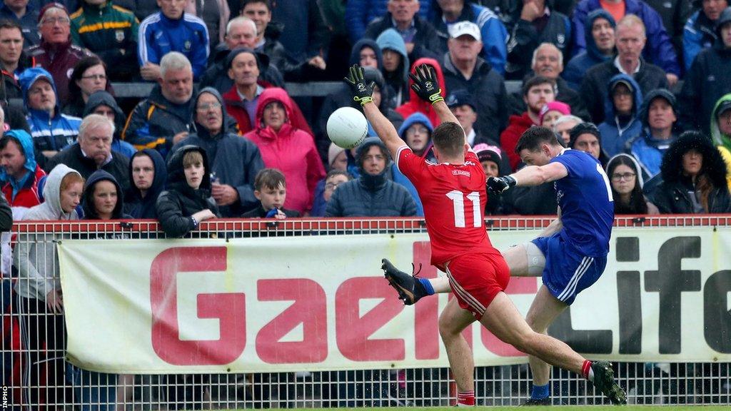 Conor McManus kicks over a sensational score in Monaghan's Ulster SFC win over Tyrone at Healy Park in 2018