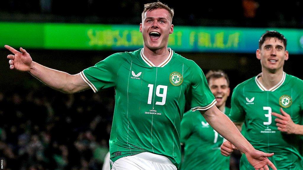 Evan Ferguson celebrates scoring his first Republic goal in the friendly win over Latvia three months ago