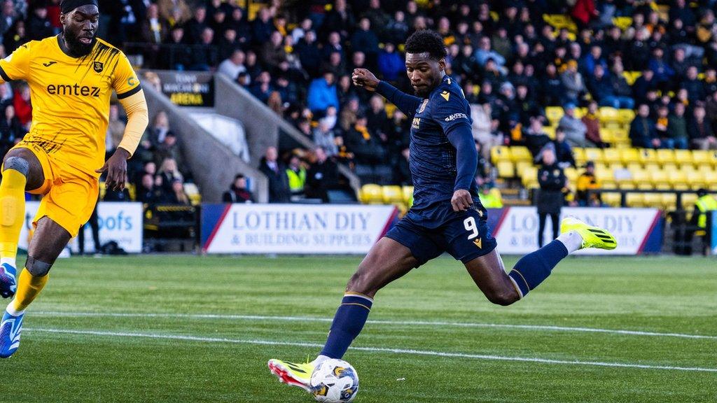 Dundee's Amadou Bakayoko scores to make it 1-0 during a cinch Premiership match between Livingston and Dundee at the Tony Macaroni Arena, on January 27, 2024, in Livingston, Scotland.