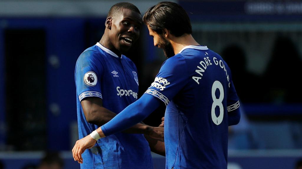 Everton"s Kurt Zouma and Andre Gomes celebrate after the match