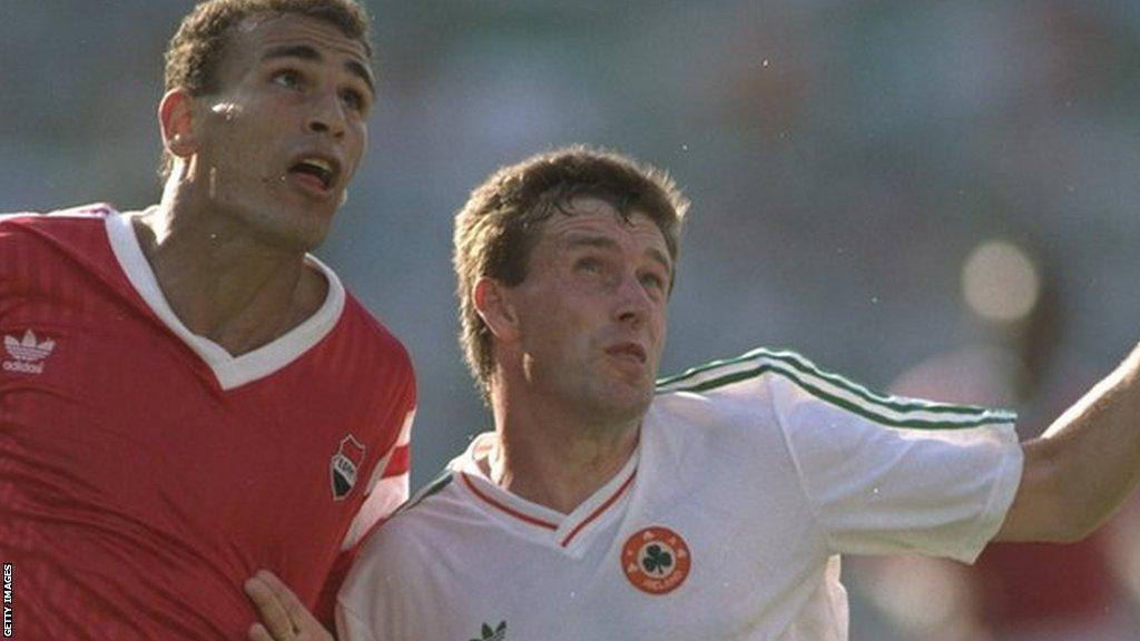 Kevin Sheedy in action for the Republic of Ireland against Egypt in 1990