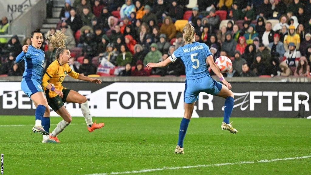 Charlotte Grant scores Australia's second against England