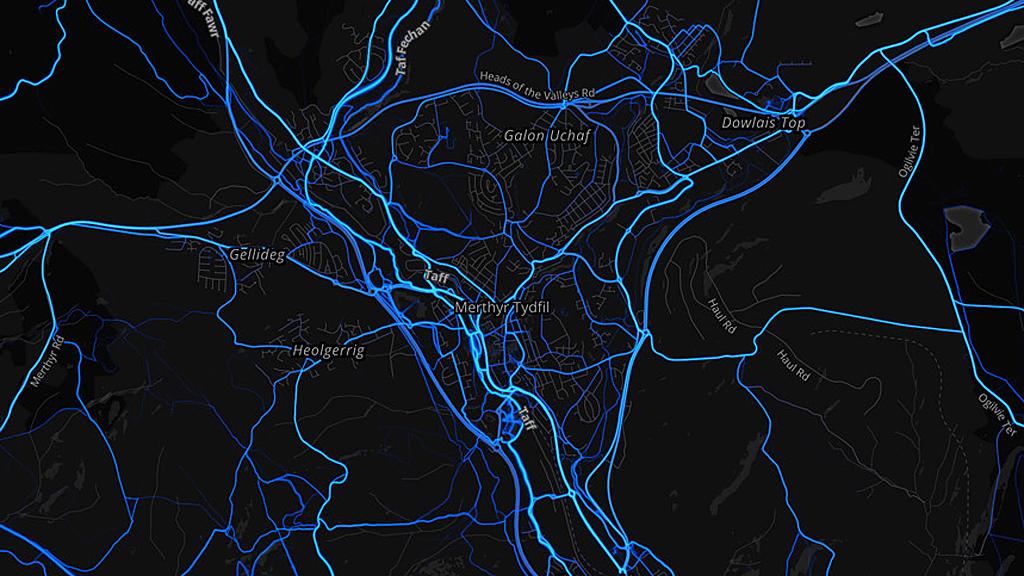 Merthyr Tydfil - cycling routes (by Strava users 2015)