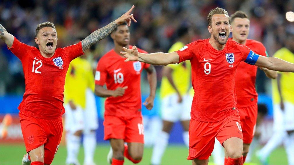 Kieran Trippier (left) and England's Harry Kane celebrate their side winning the penalty shoot out during the FIFA World Cup 2018