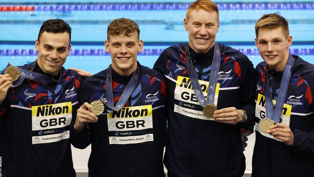 James Guy, Matthew Richards, Tom Dean and Duncan Scott show off their gold medals