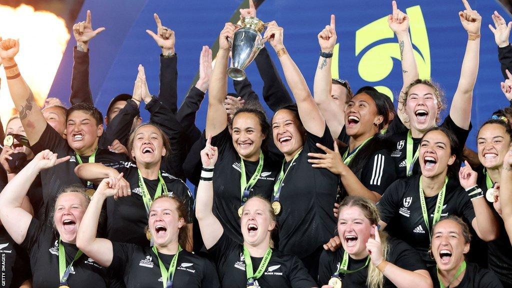 New Zealand's women's rugby team celebrate World Cup trophy success