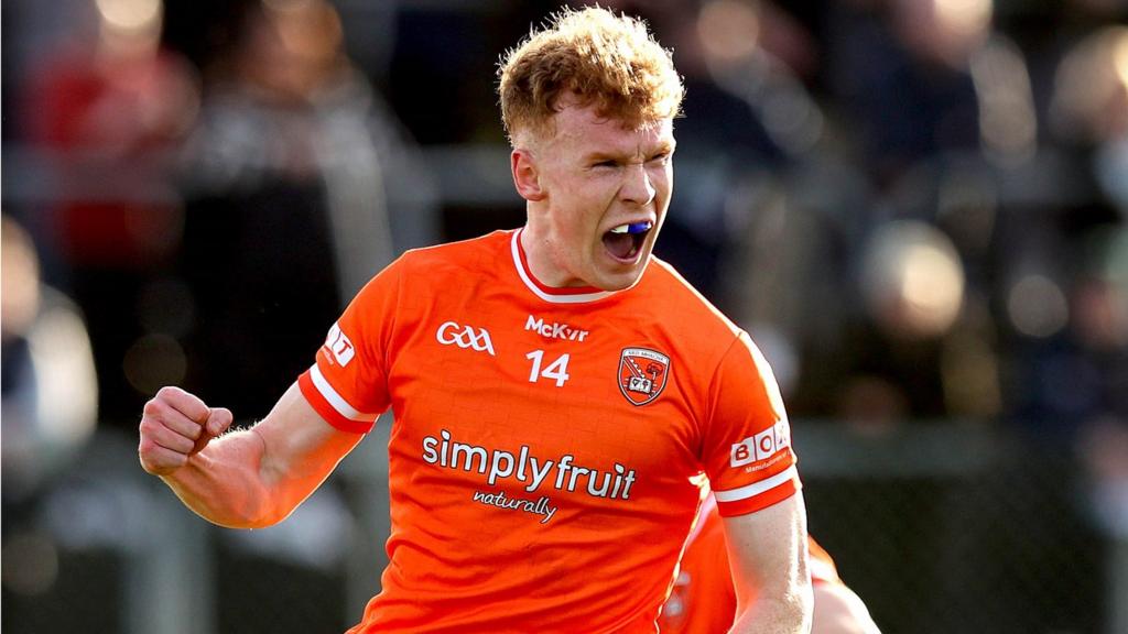 Conor Turbitt celebrates after scoring Armagh's first goal at Netwatch Cullen Park