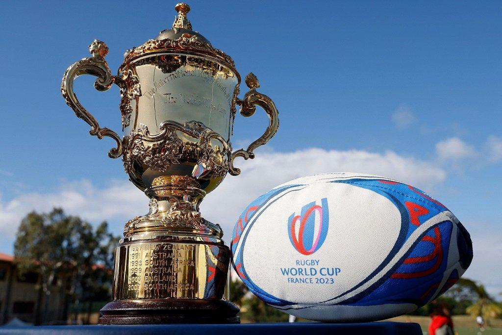 The Webb Ellis Cup trophy and the Gilbert Rugby World Cup 2023 Rugby ball